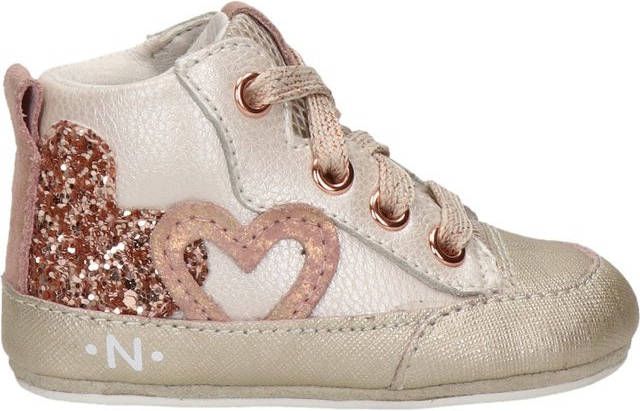 Nelson Kids leren babyschoenen met glitters goud/roze