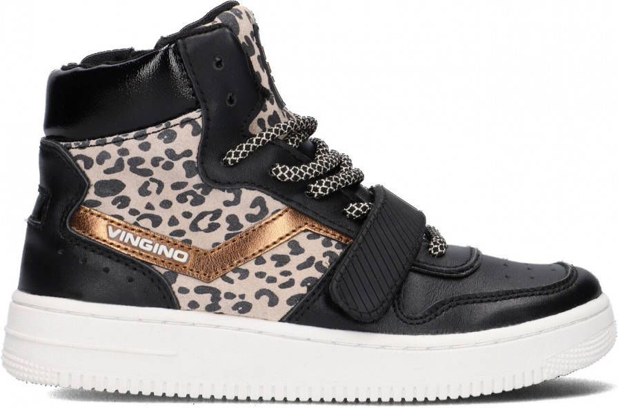 Vingino Senne Mid Velcro hoge leren sneakers met panterprint zwart/multi